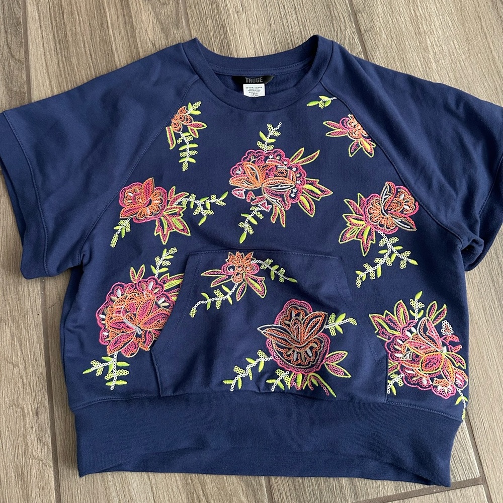 Tru•DE Navy Floral Embroidered Girls' Short Sleeve Sweatshirt